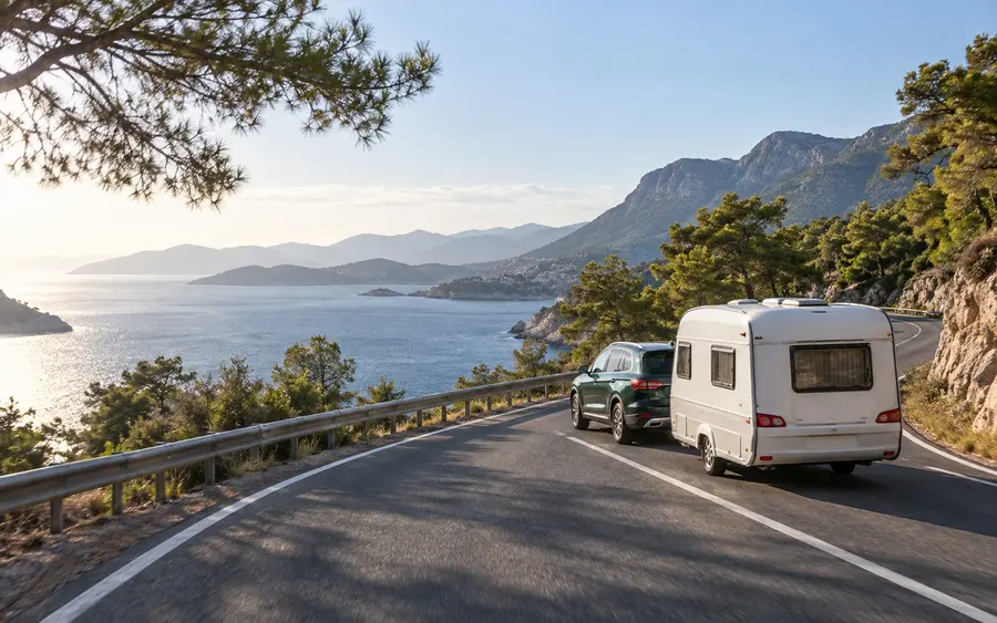 Akdeniz kıyı yolunda çekme karavan yolculuğu