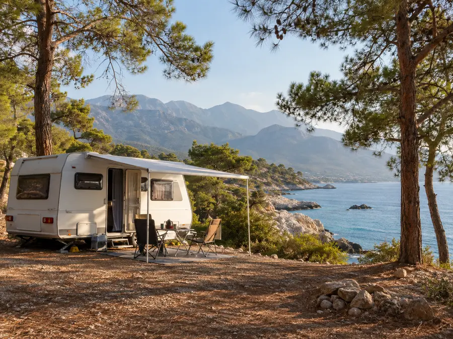 Antalya karavan kamp rehberini temsil eden Akdeniz kıyısında karavan kampı