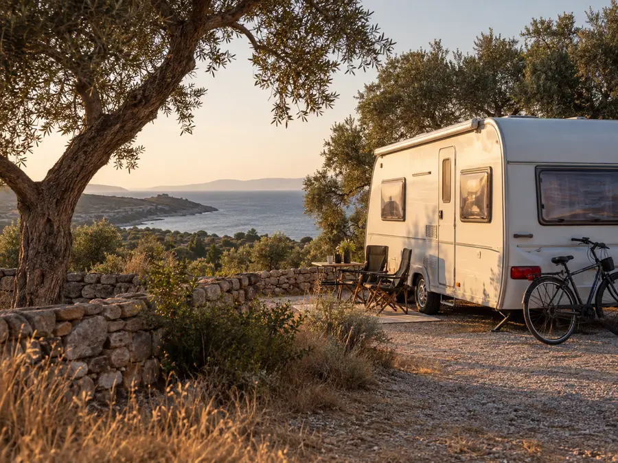 İzmir karavan kamp rehberini temsil eden Ege kıyısında karavan