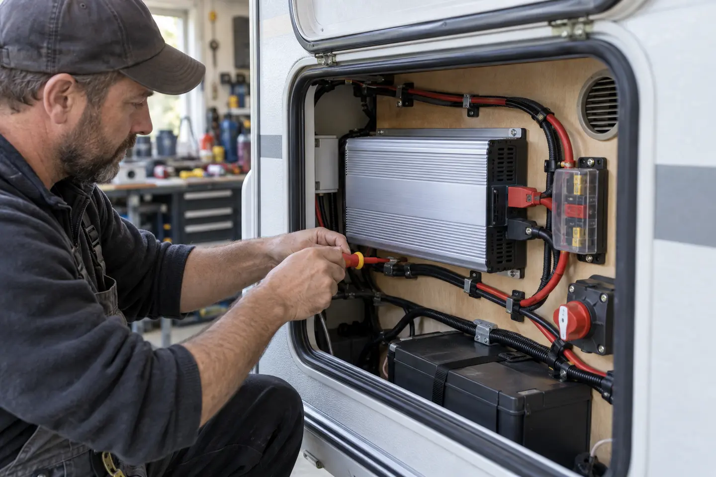 Karavan servis bölümüne güvenli biçimde inverter monte eden teknisyen