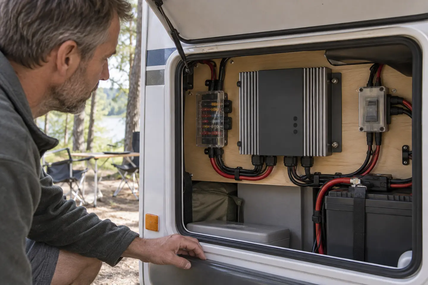 Karavan elektrik servis bölümündeki MPPT solar şarj kontrol cihazı