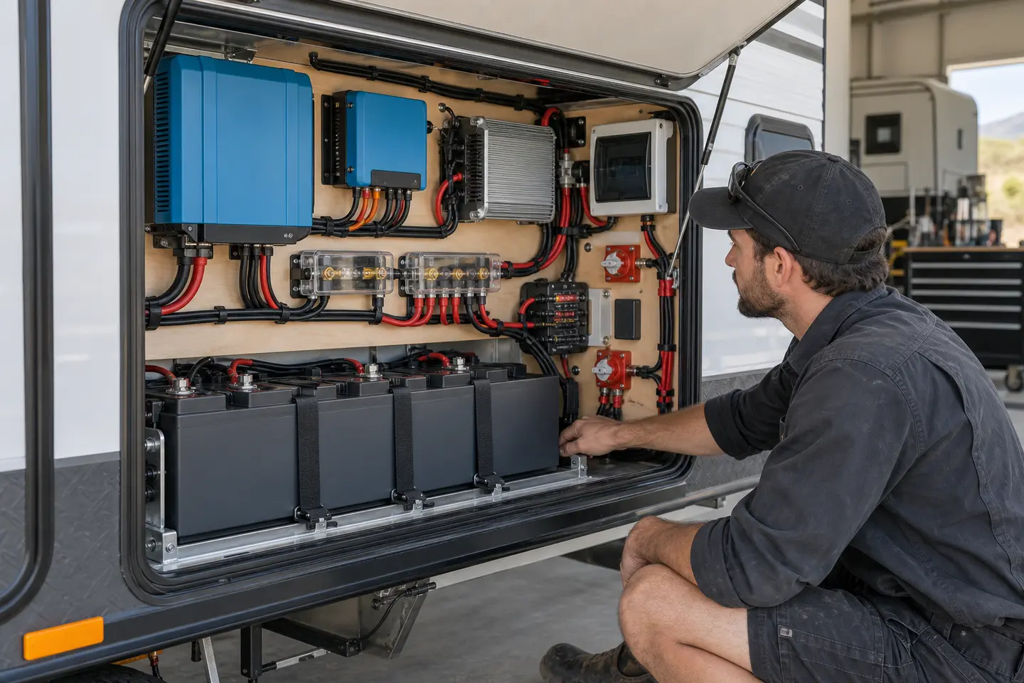 Karavan servis bölümünde düzenli kurulmuş akü, inverter, MPPT ve sigorta sistemi