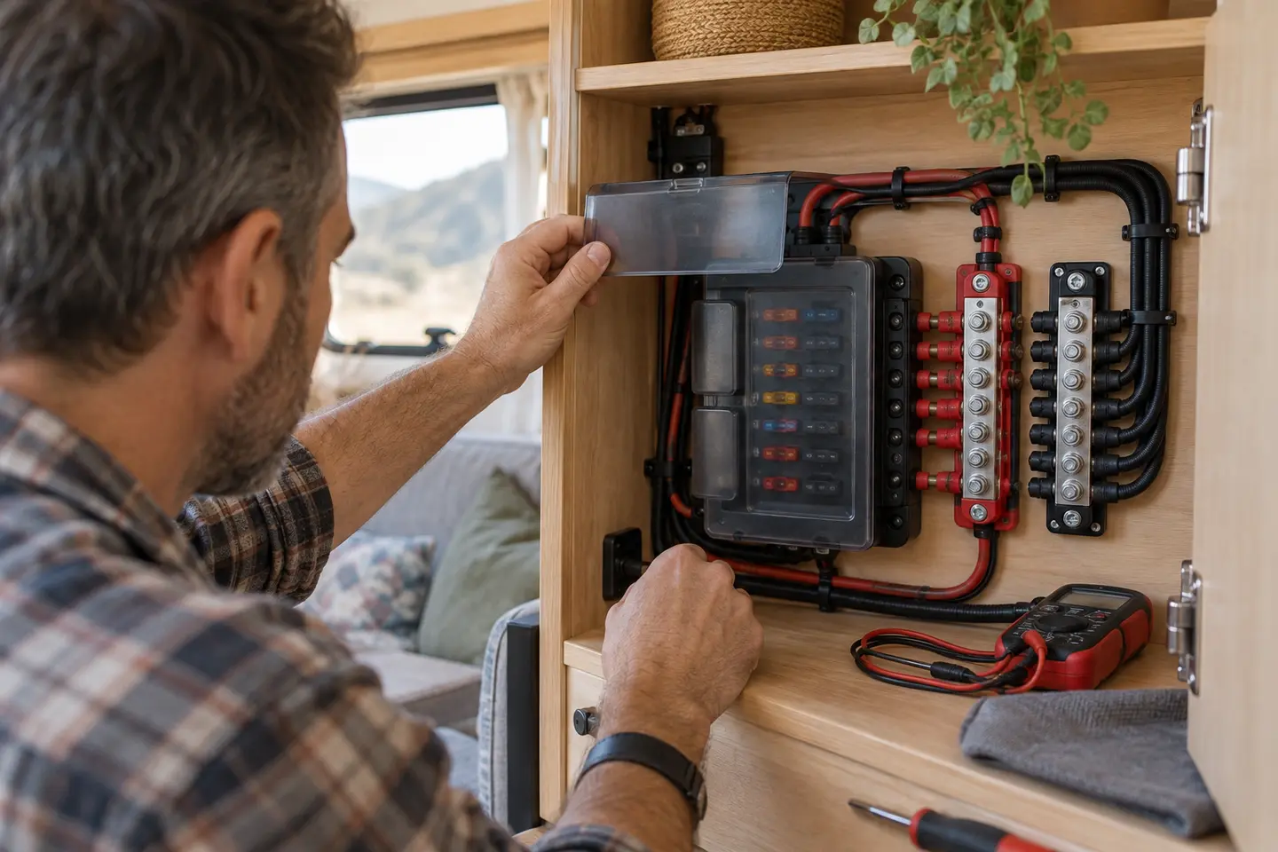 Karavan içindeki düzenli 12 volt sigorta paneli ve busbar sistemi