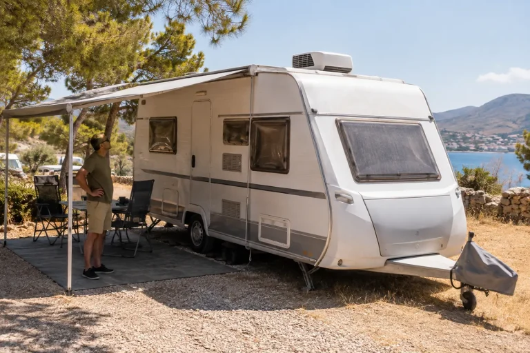 Yaz kampında çatısında klima bulunan çekme karavan