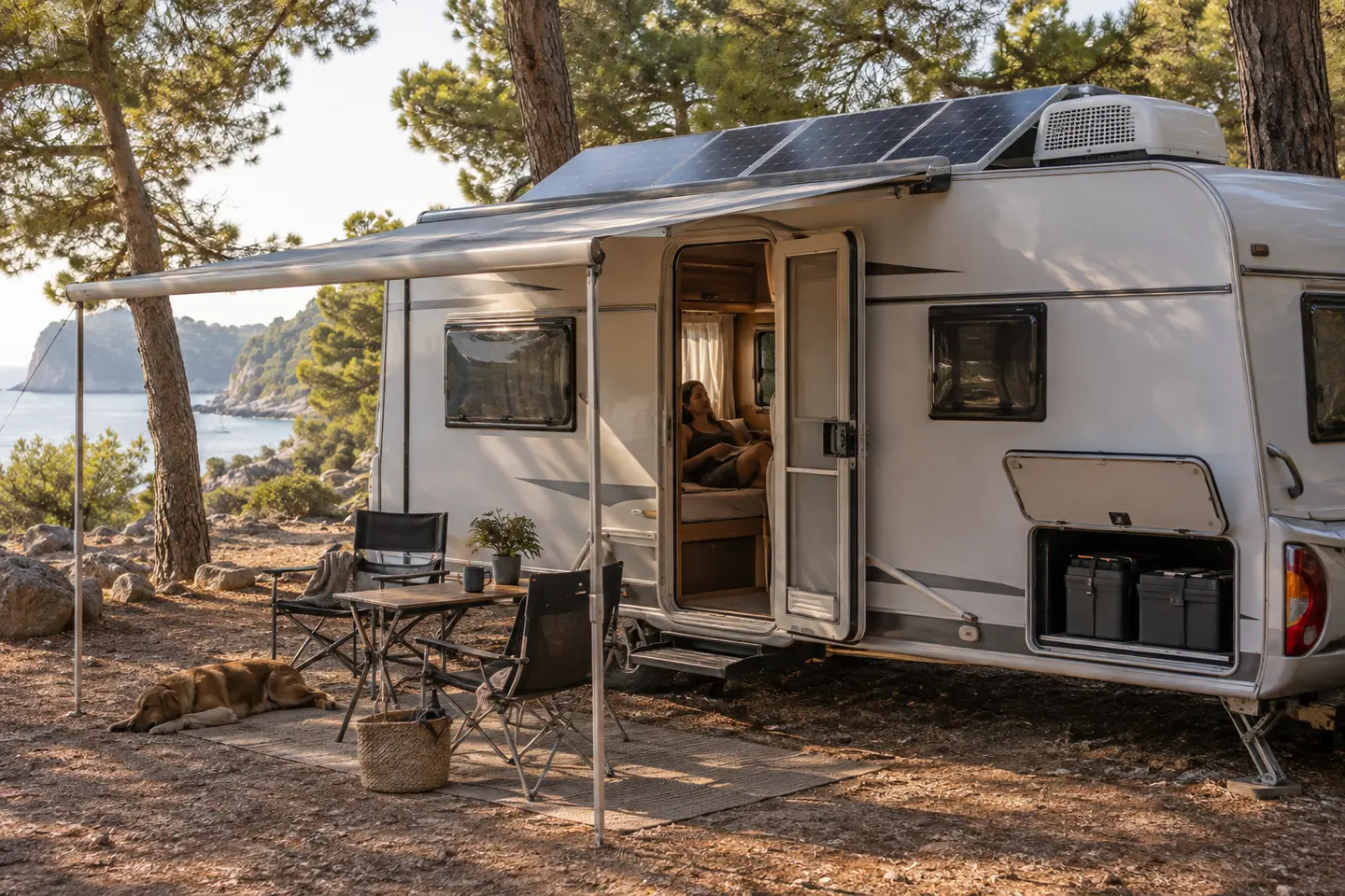 Güneş paneli, çatı kliması ve yardımcı akü sistemi bulunan karavan