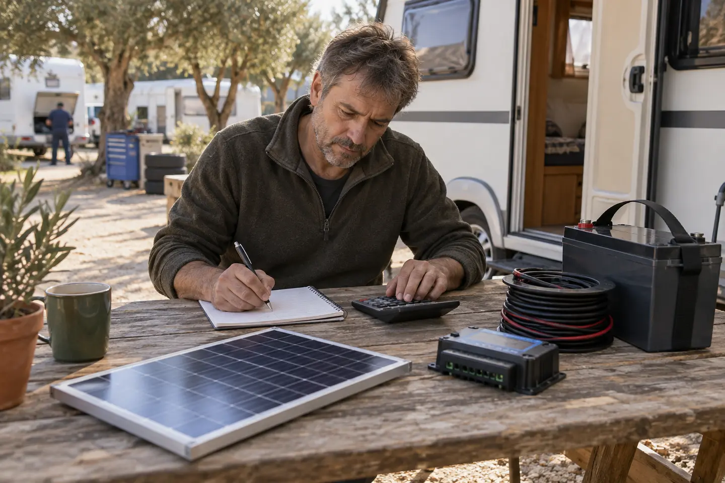 Karavan solar sistem parçaları için maliyet hesabı yapan karavan sahibi