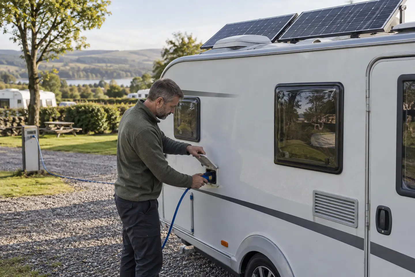 Solar panelli karavanı kamp alanı elektrik bağlantısına bağlayan kişi