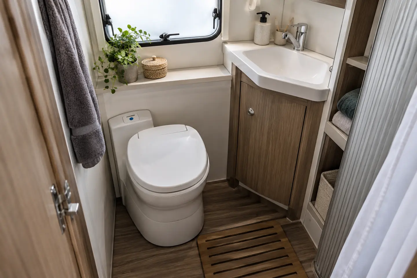 Kompakt karavan banyosunda kaset tuvalet ve lavabo