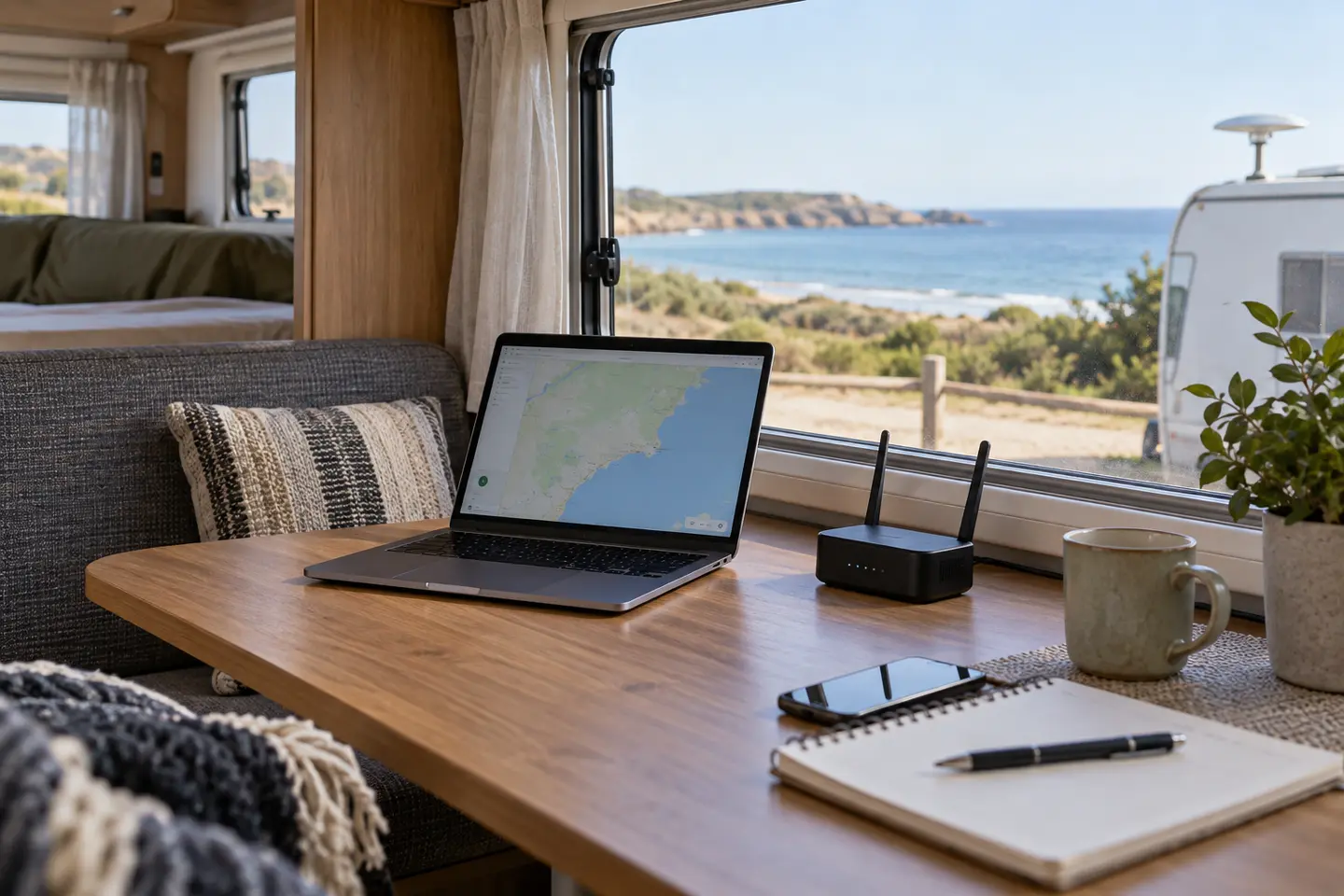 Karavan masasında 4G router, dizüstü bilgisayar ve harici anten