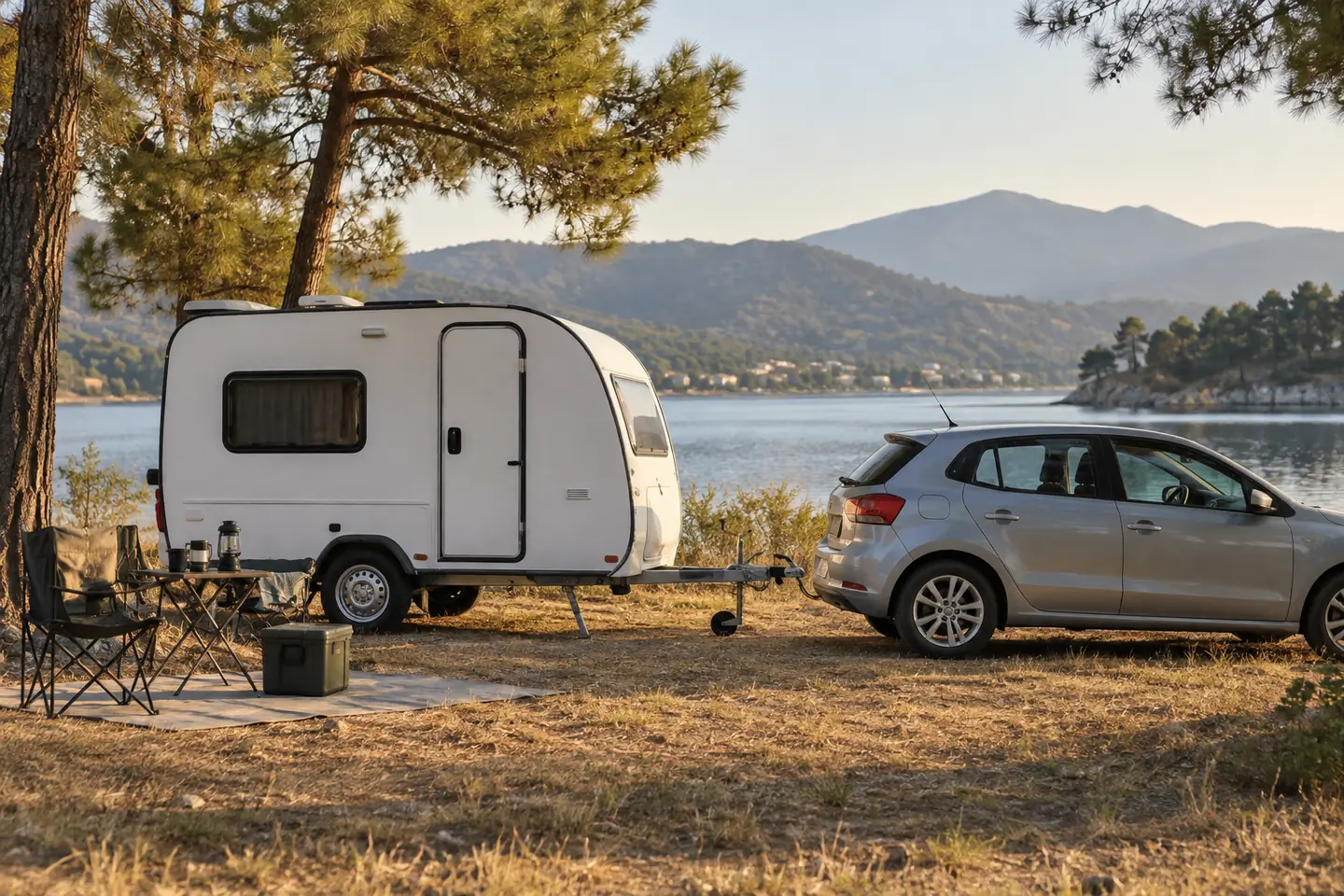 Göl kenarında otomobile bağlı 750 kg altı kompakt karavan