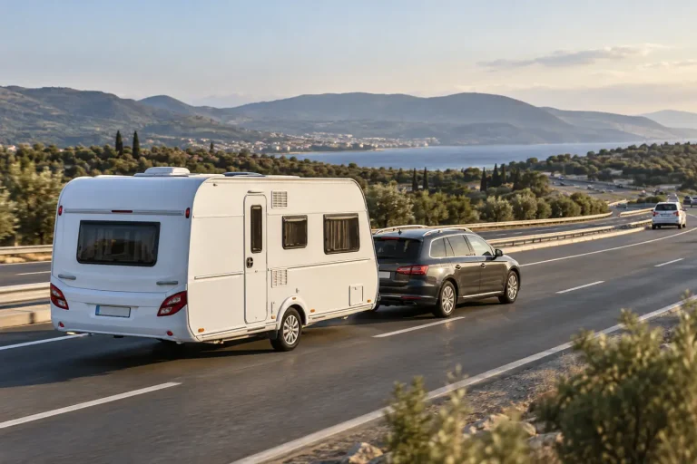 Türkiye yolunda güvenle karavan çeken otomobil