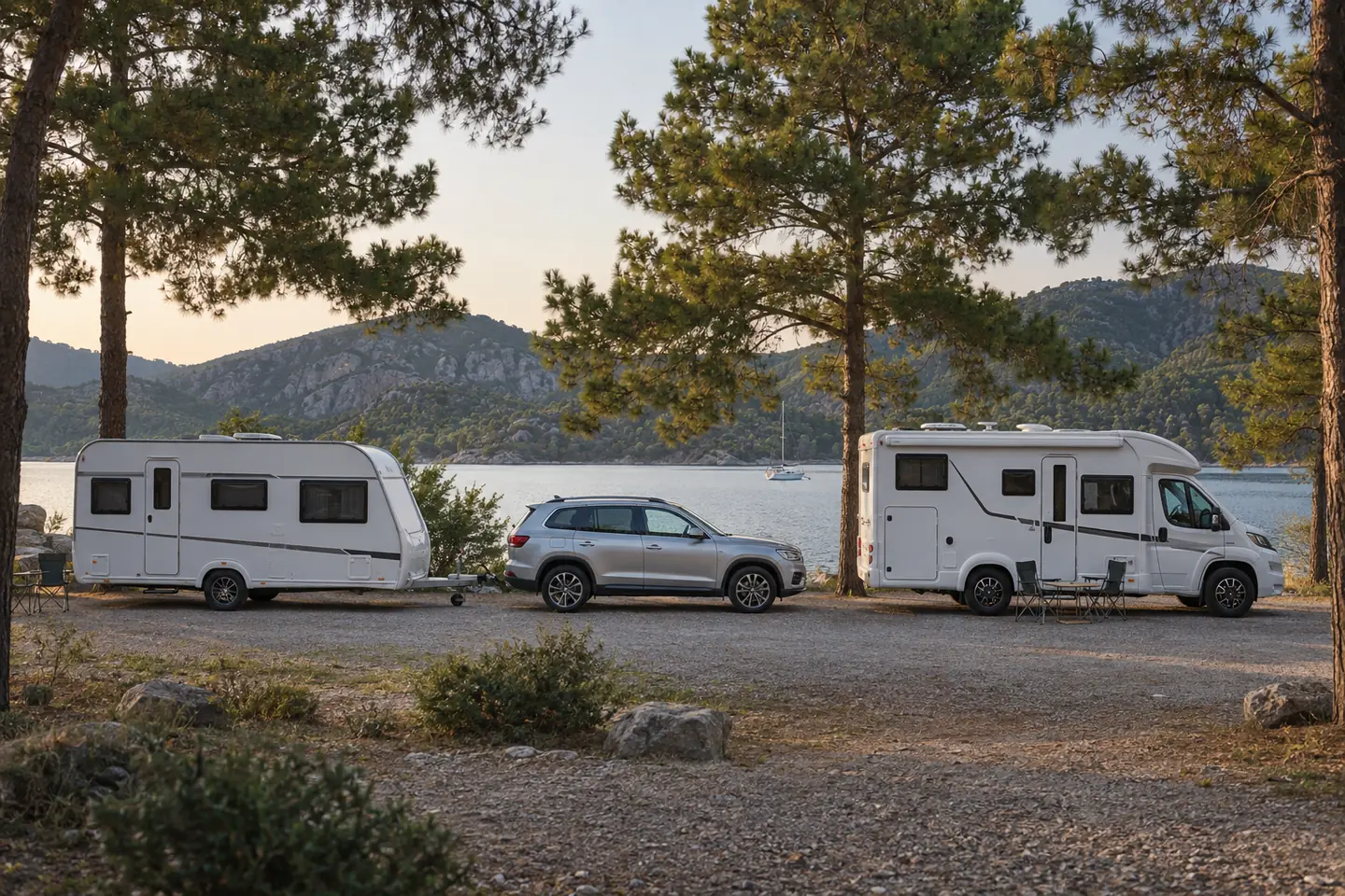 Kamp alanında yan yana çekme karavan ve motokaravan