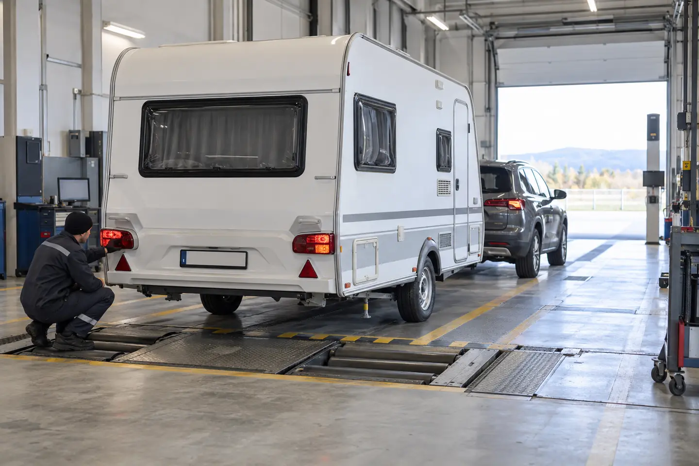 Araç muayene istasyonunda ışıkları kontrol edilen karavan