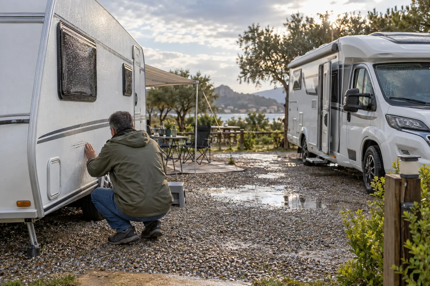 Yağmur sonrası karavan gövdesindeki küçük hasarı kontrol eden sahibi