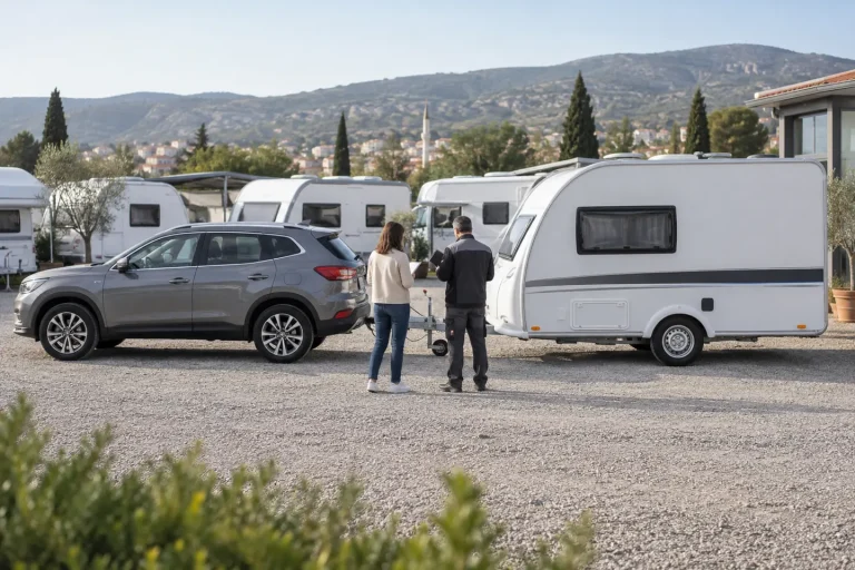 Otomobil ve karavan uyumunu birlikte kontrol eden alıcı ile teknisyen