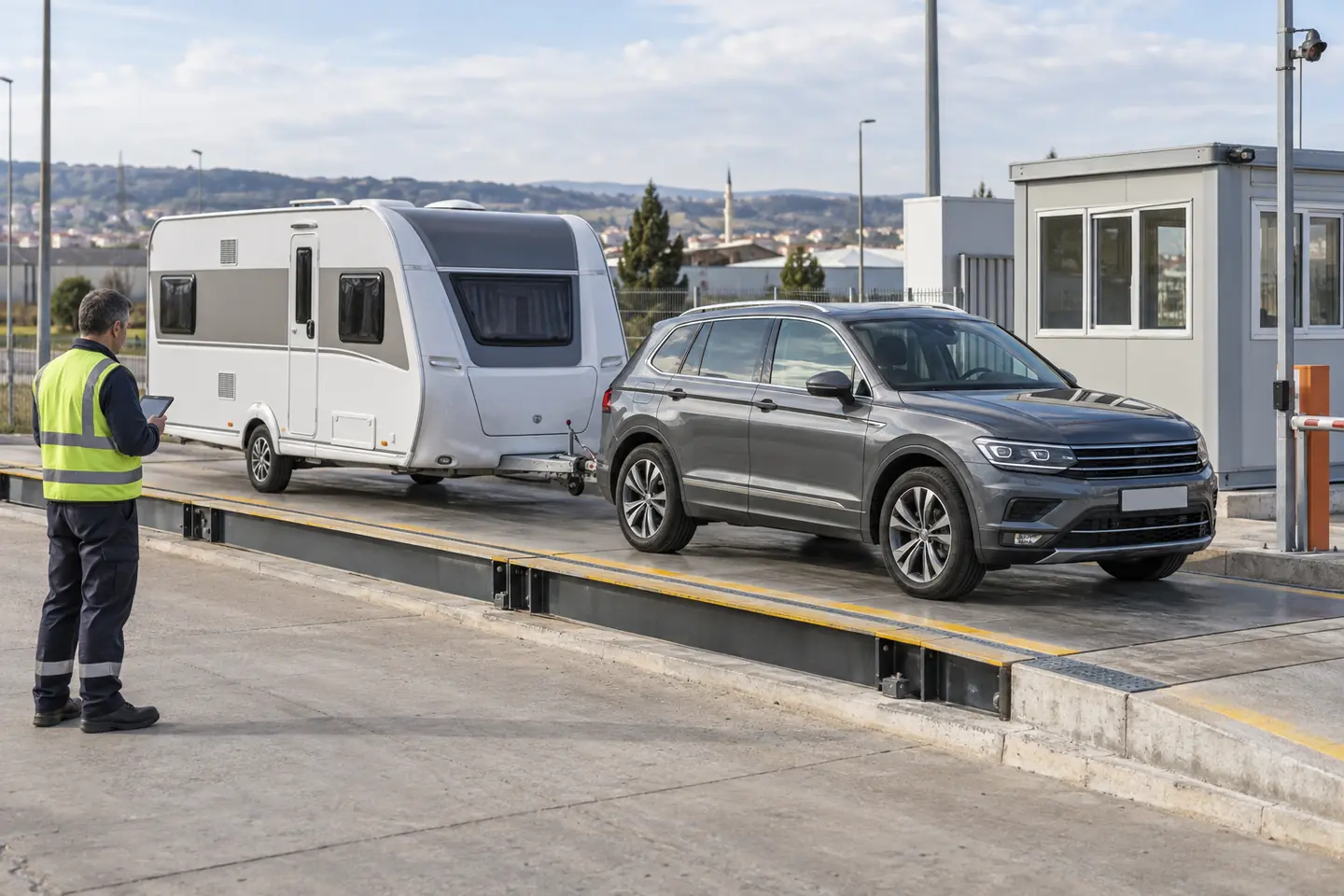 Çekme kapasitesi kontrolü için kantarda tartılan otomobil ve karavan