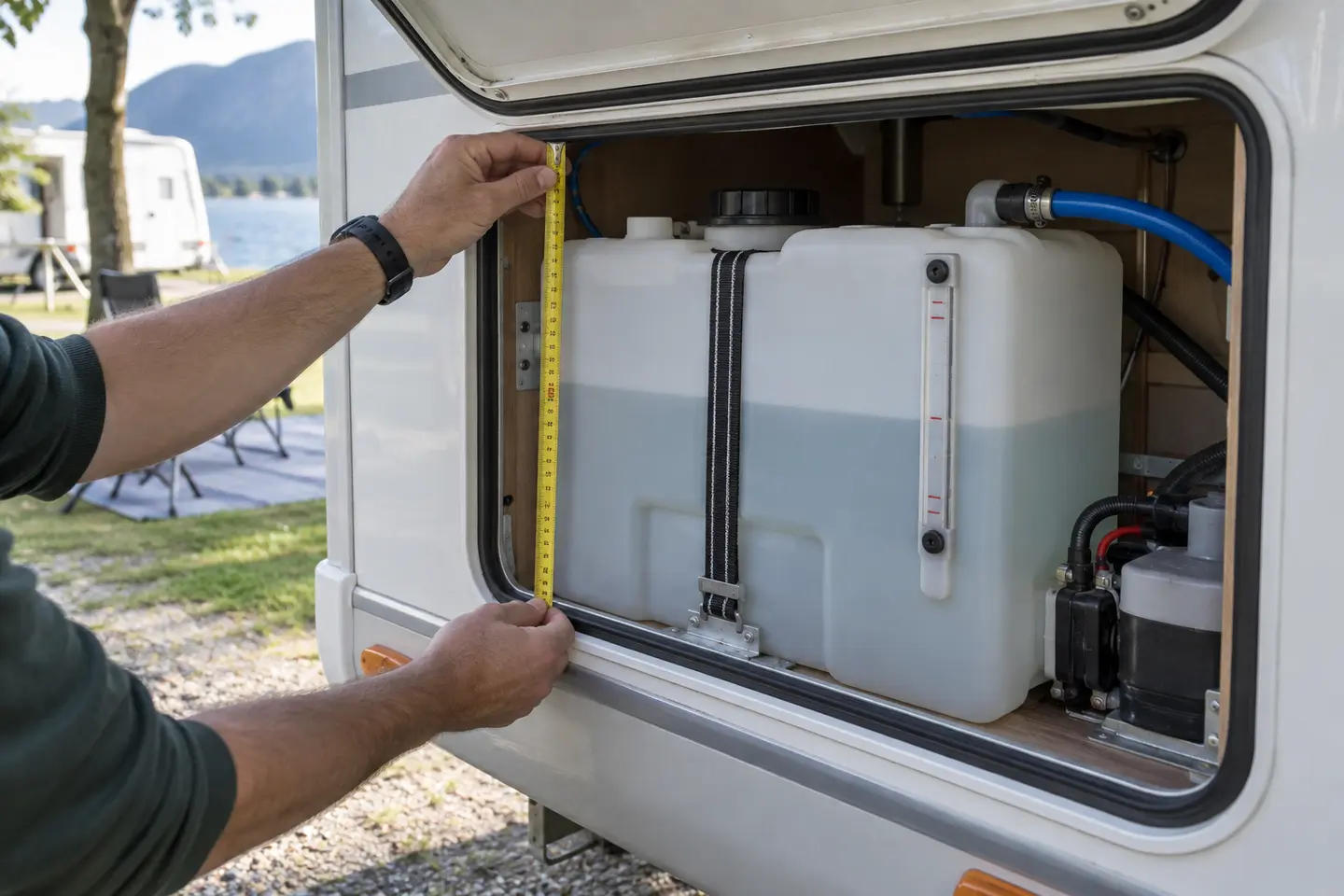 Karavan servis bölümünde temiz su tankı ve dolum bağlantıları