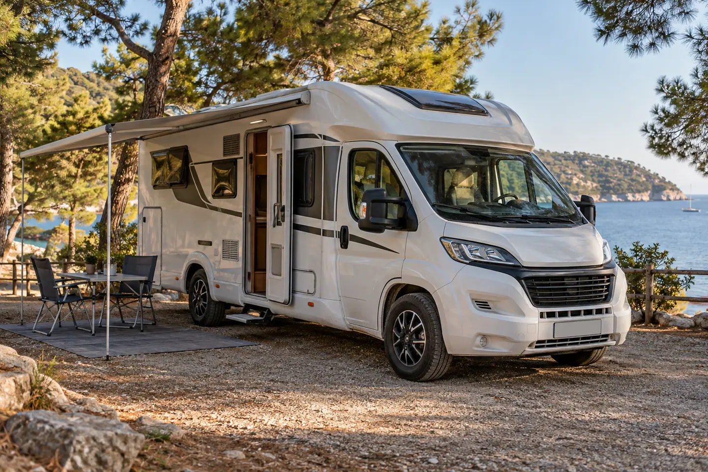 Çam ağaçları arasında kamp alanına park edilmiş modern motokaravan