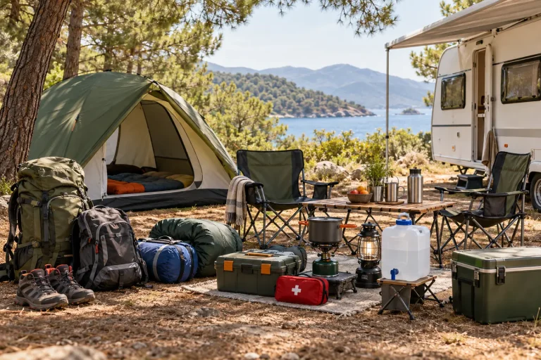 Çadır ve karavan kampı için düzenlenmiş temel kamp malzemeleri