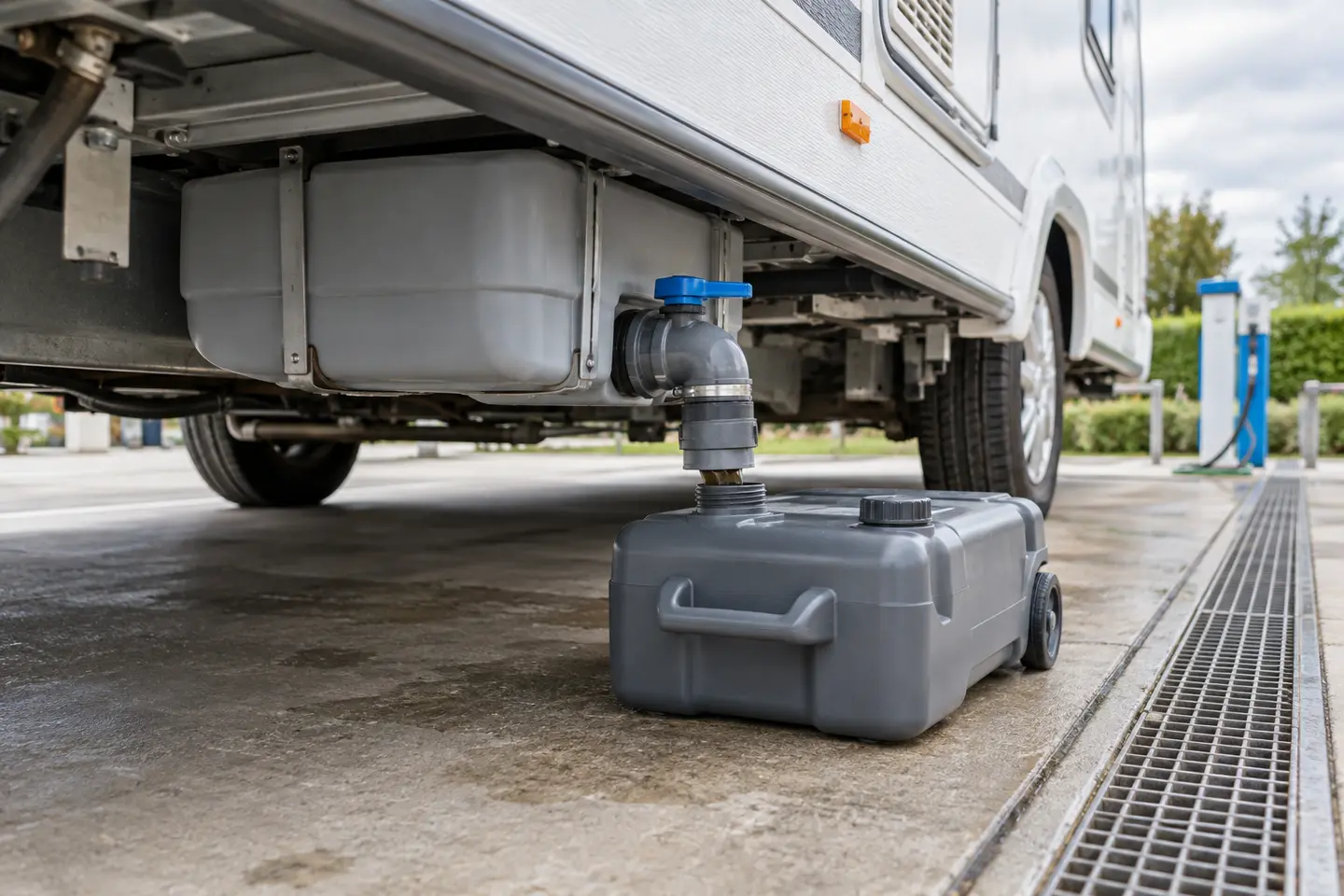 Karavan altında gri su tankını servis noktasında boşaltma
